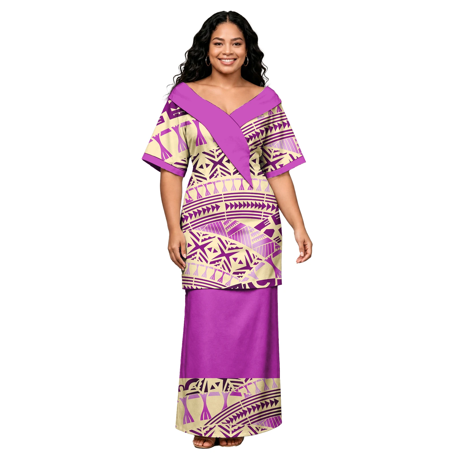 Island Floral Print Design Ladies Top and Skirts Set Polynesian Casual Y-Neck Shawls Puletasi Samoan Tribal Puletasi for Women