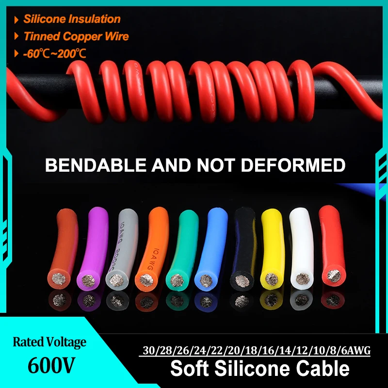 

1/2/5m Silicone Cable 600V Car Automotive Wires 6AWG 10awg 12awg 14awg 18awg -30AWG Electrical Tinned Copper Cables