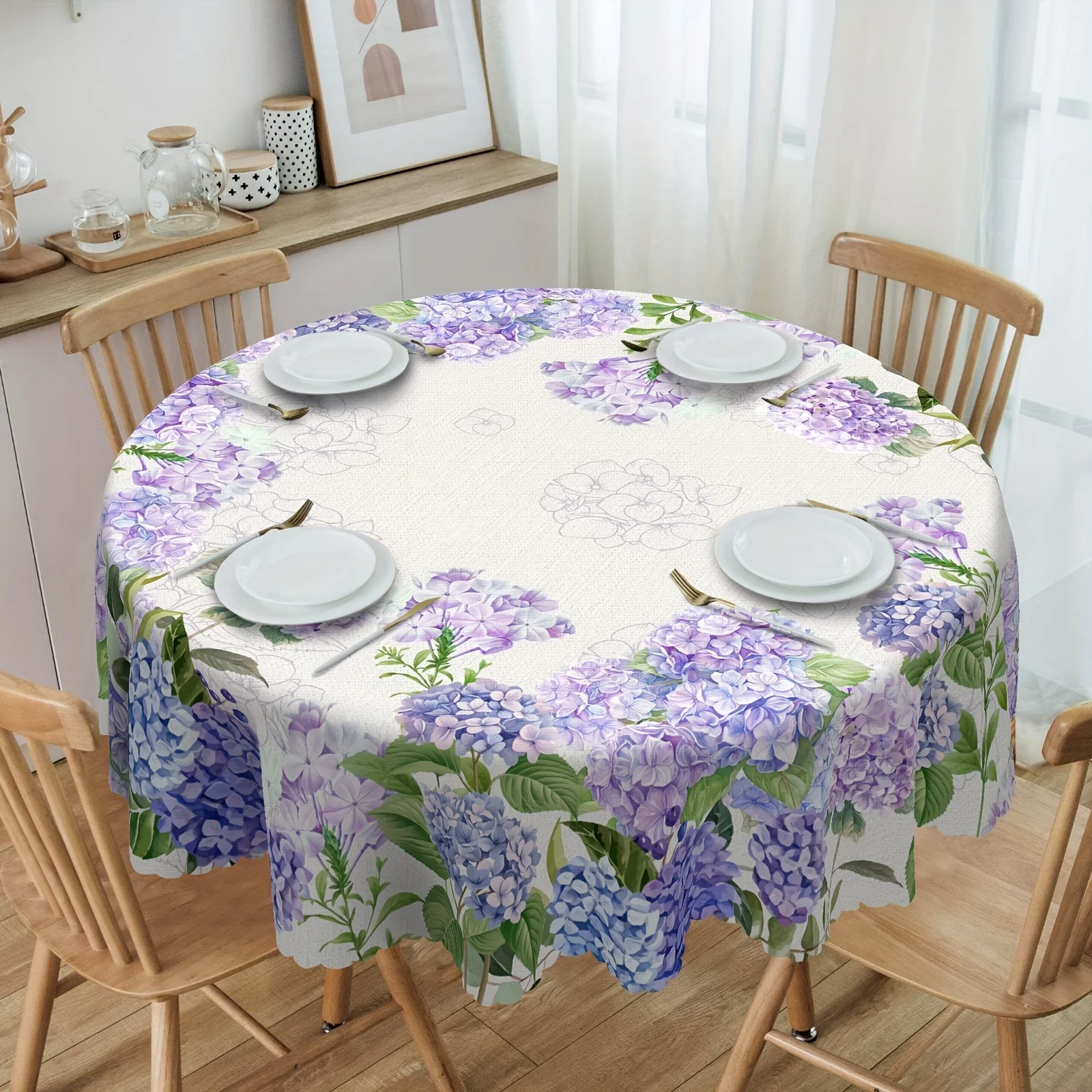 One round rectangular tablecloth, summer tablecloth, blue and purple floral pattern tablecloth.