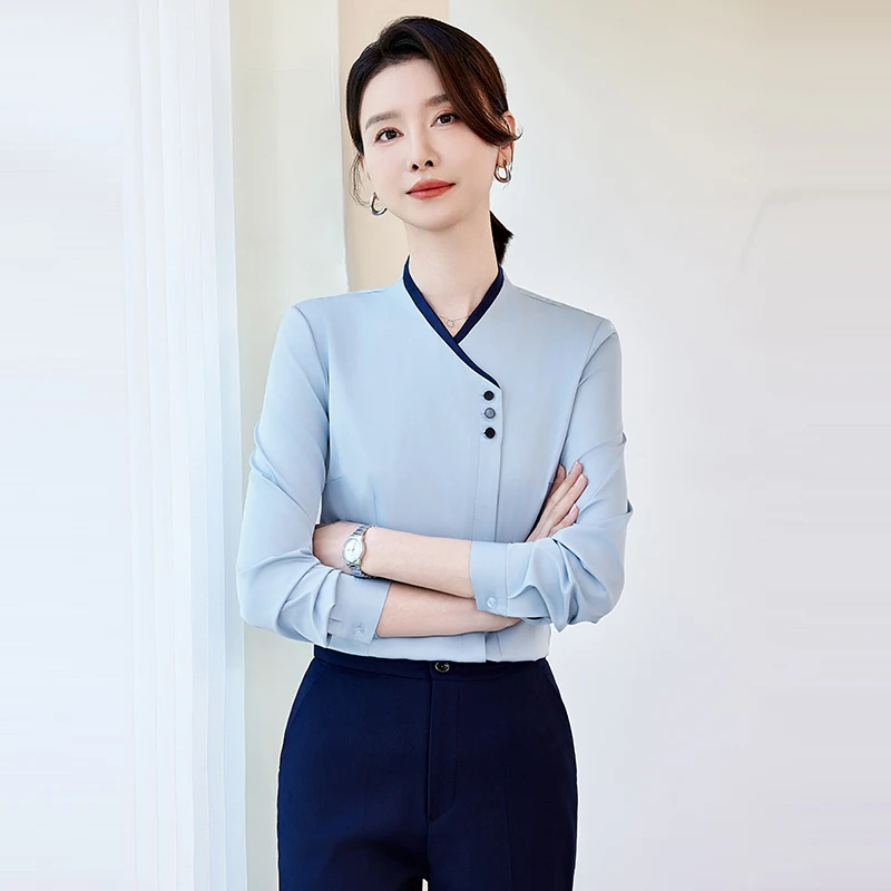 NAVIU Autumn New All Match Simplicity Office Blouse Long Sleeve V Neck Solid Slim Shirt Tops Elegant Fashion Women Clothing