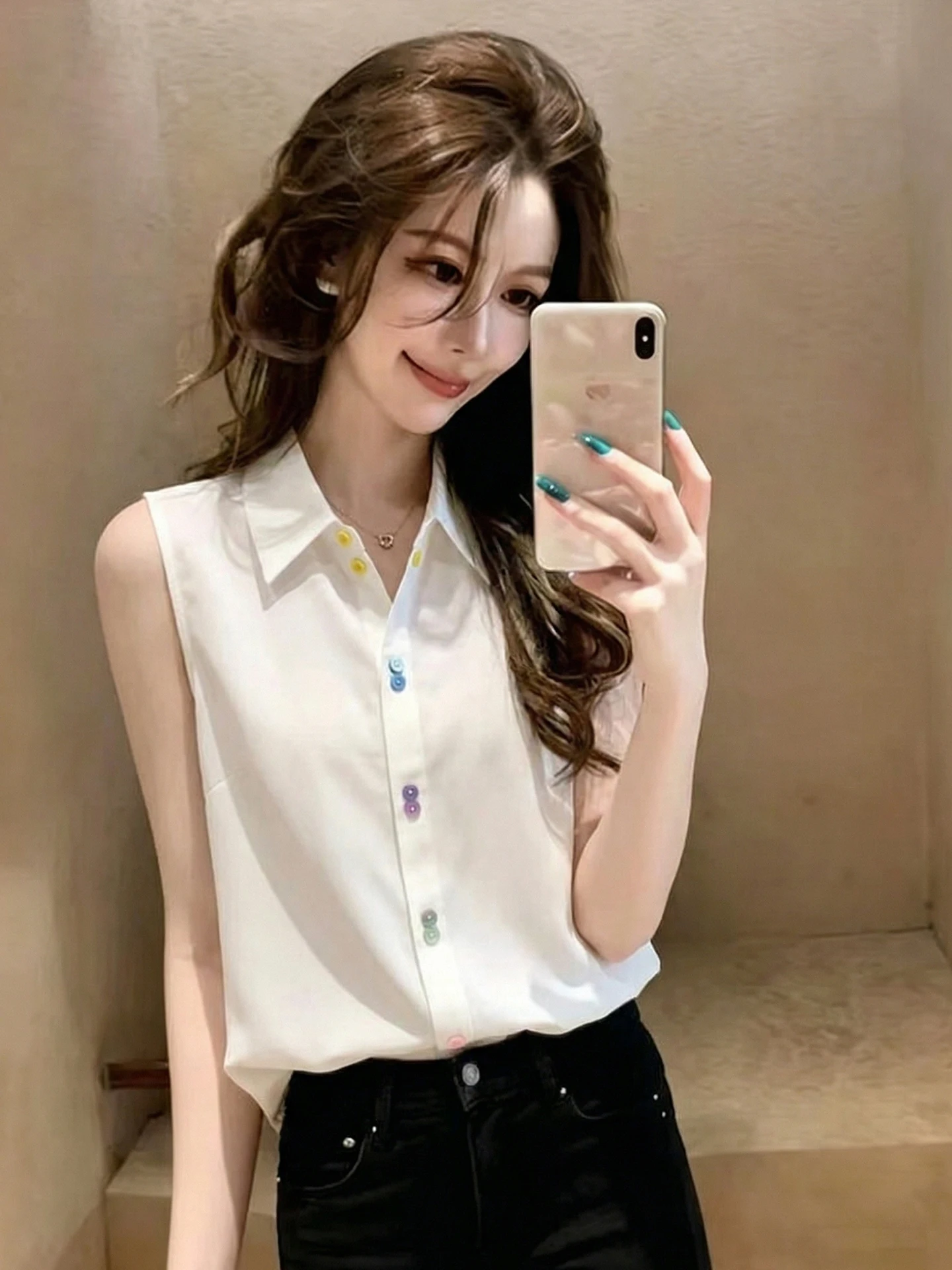 

Summer 2026 Fashionable Knitted Neck Vest Women's Commute Versatile Design Single Button Sleeveless Top Straight Cut Style