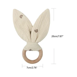 Wooden Baby Teether Cotton Cloth Rabbit Ear Teething Ring Rodent Rattle Toy for Newborn Boys Girls Appease Chewing Gift P31B