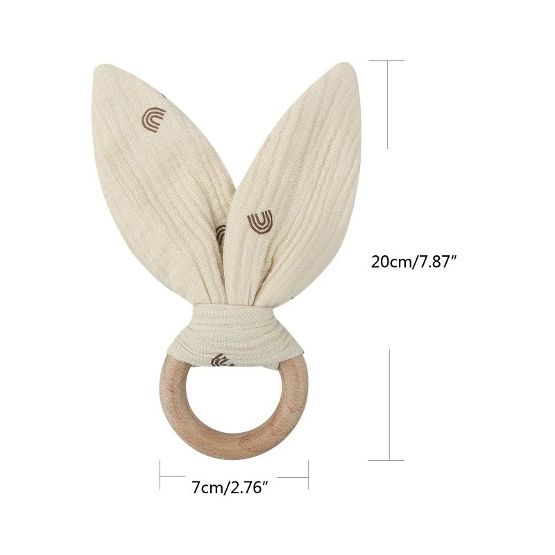 Wooden Baby Teether Cotton Cloth Rabbit Ear Teething Ring Rodent Rattle Toy for Newborn Boys Girls Appease Chewing Gift P31B