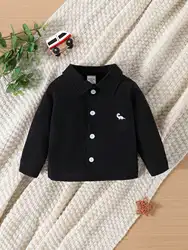 Autumn Baby Boy Casual Outdoor Simple Black Shirt Long Sleeve Coat Small Dinosaur Embroidery Cotton Outer Wear Shirt DX0384