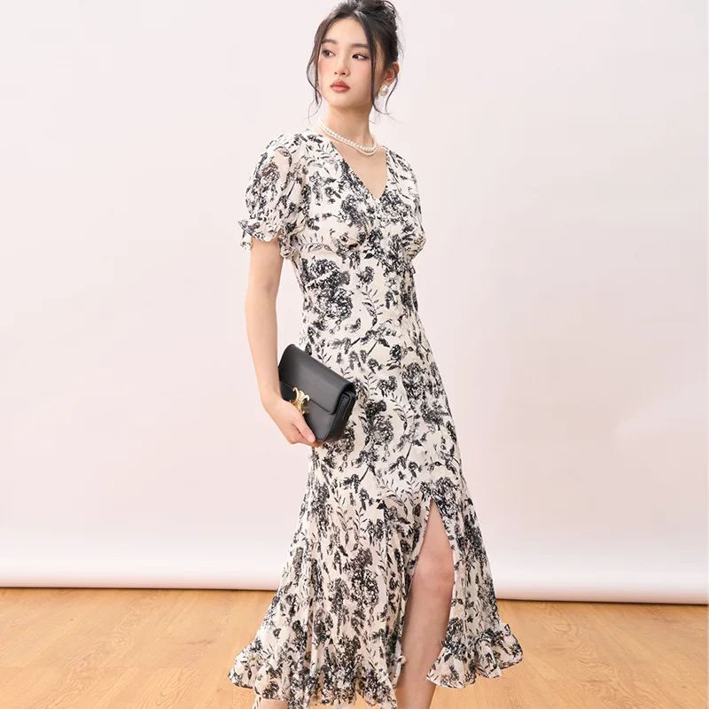 

Летнее платье Shengdu с V-образным вырезом, элегантное, с разрезом, цветочным принтом, рукавами-фонариками, подчеркивающее талию, в женственном стиле, из трикотажного полиэстера