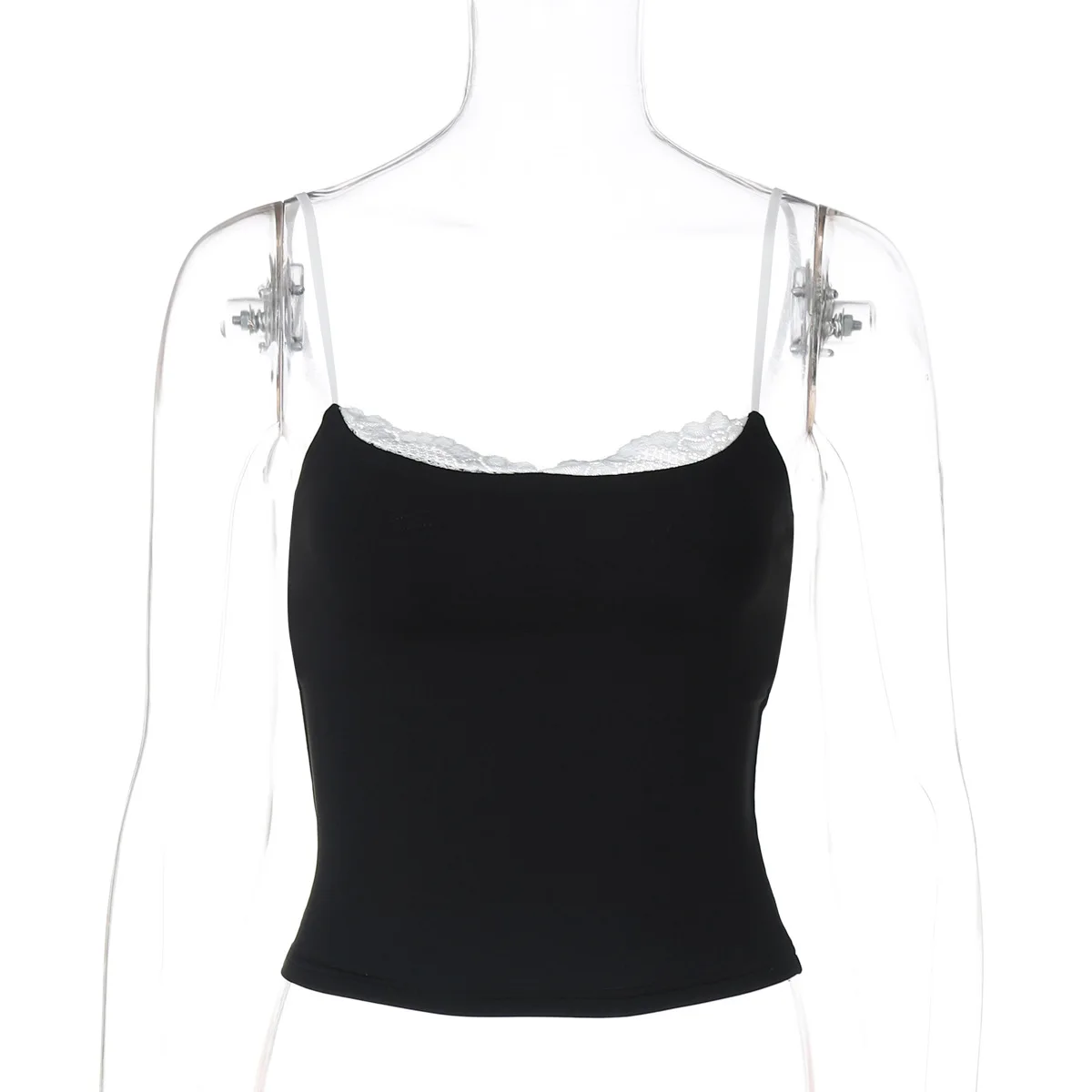 Damen Sexy Patchwork Farbblock Off-Shoulder Cami-Top Fake-Zweiteiler-Set Trendiges Lässiges Sommer-Outfit mit Lockerer Passform – Detail 15