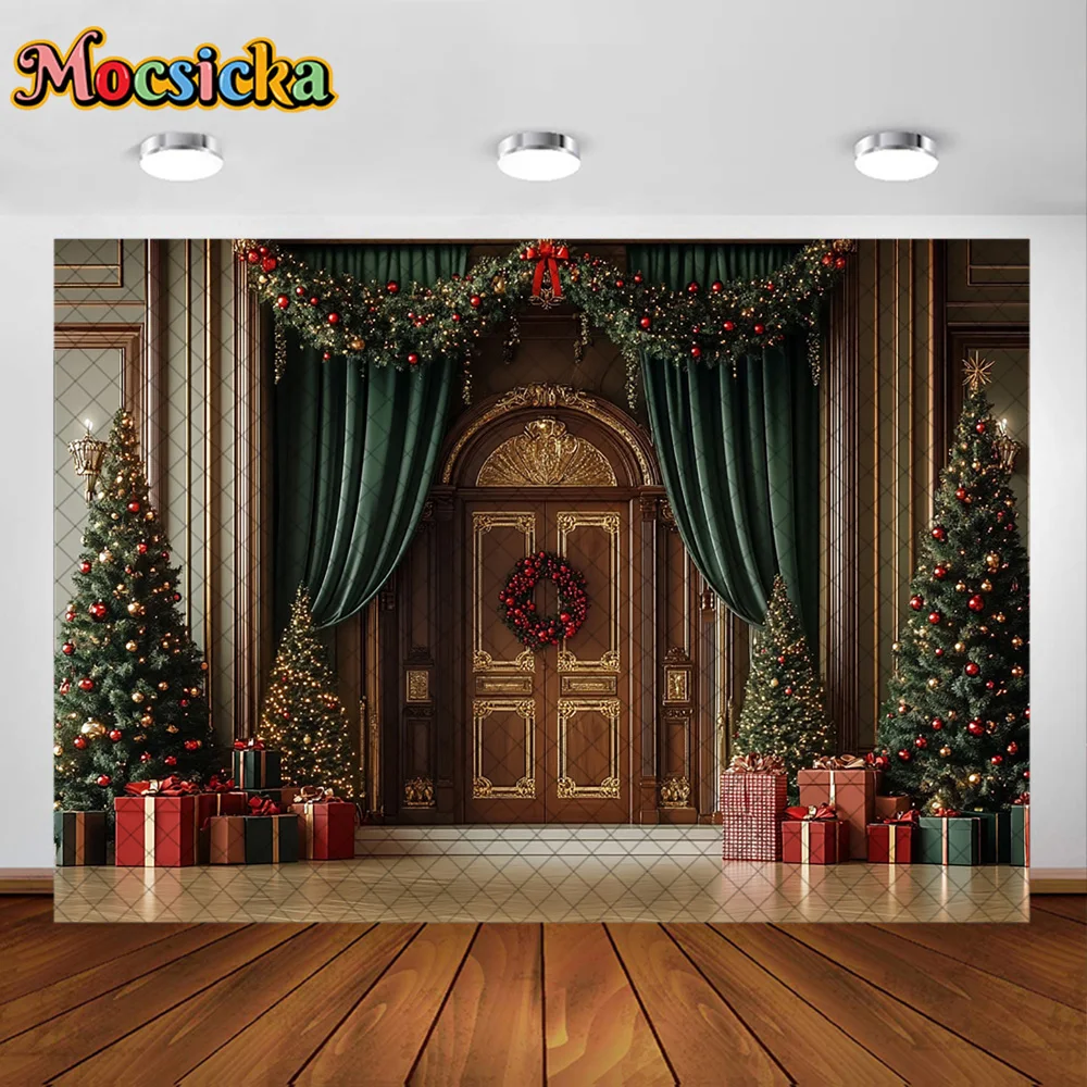 Mocsicka التصوير خلفية عيد الميلاد باب غرفة شجرة الديكور الأسرة عيد الميلاد عطلة صورة خلفيات الصور للصور