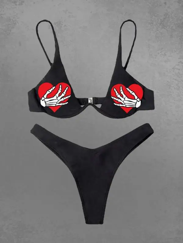 Gothic Women's Bikinis Set Skeleton Claw Skull Cherry Print Seamless Spaghetti Straps Swimmwears Top And Swimsuit Bottoms 2Pcs - view 3