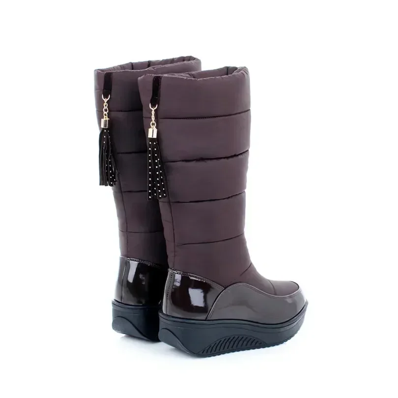 Winter Women Snow Boots Round Toe Plush Patent Leather Winter Black Brown Tassel Casual High Heel Wedge Platform Mid-calf Boots