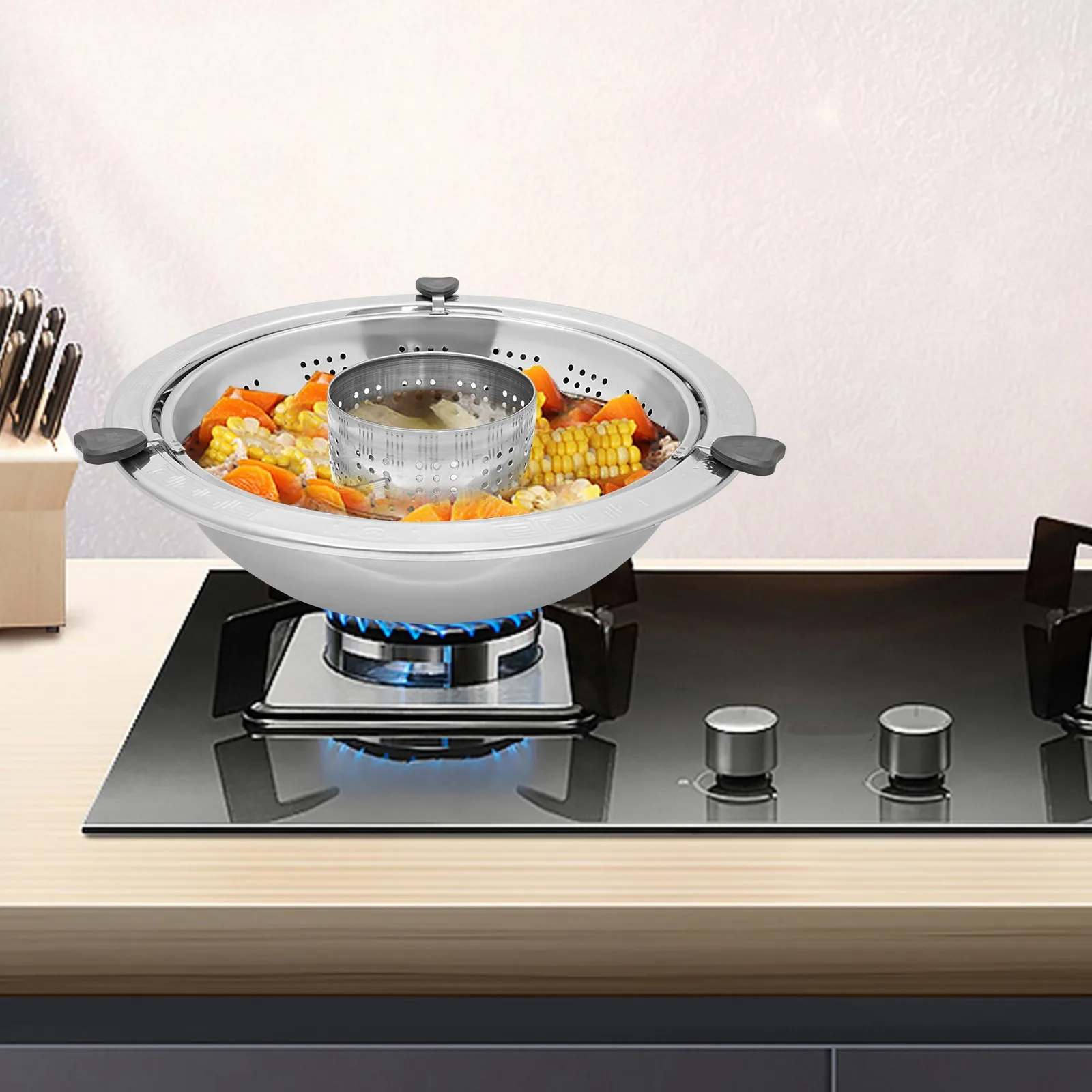 

ilver Shabu Pot with Removable Strainer, 36cm Rotary Hot Pot Divided Pan, Adjustable Height Chinese Style Home Lifting Hot Pot