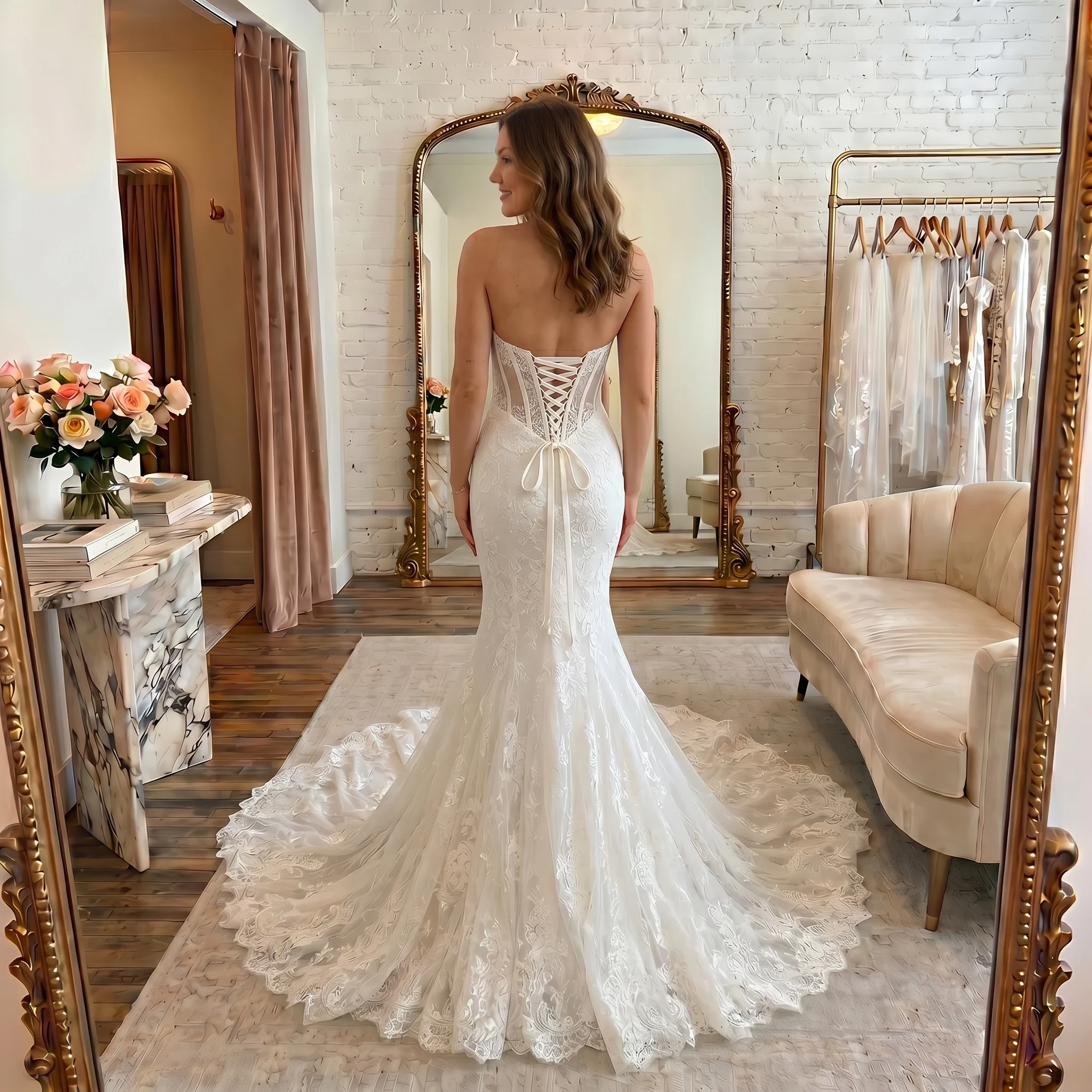 Corset Mermaid Wedding Dress Allover Floral Lace Scalloped Cathedral Train Elegant Custom Ivory Bridal Gown Vestido De Novia