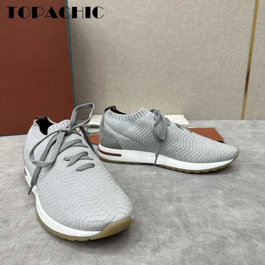 12.5 TOPACHIC Men\'s Soft Comfortable Knitted Sneakers Striped Lace-Up Round Toe Casual Shoes