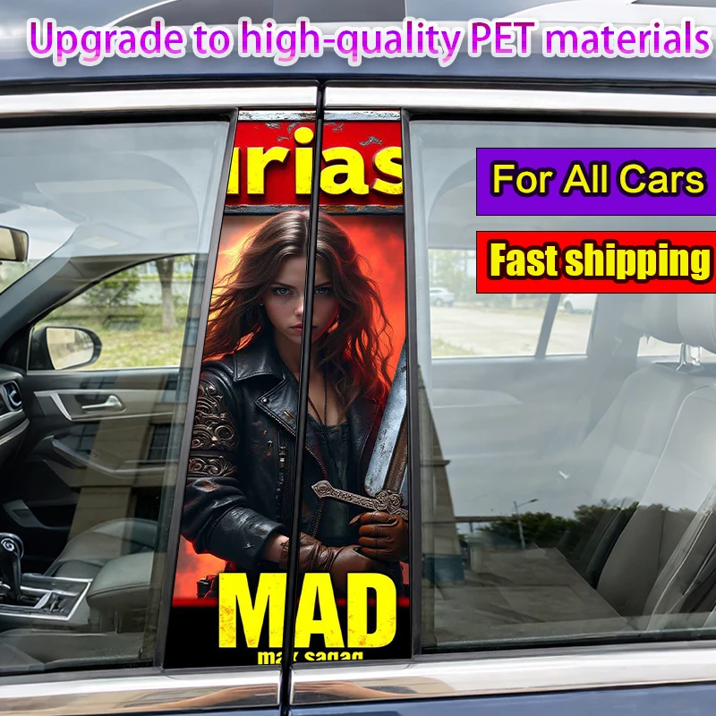 

2-Pack Car Pillar Stickers Sword - wielding brown - haired woman Vinyl Waterproof and Sunproof Protective Sticker