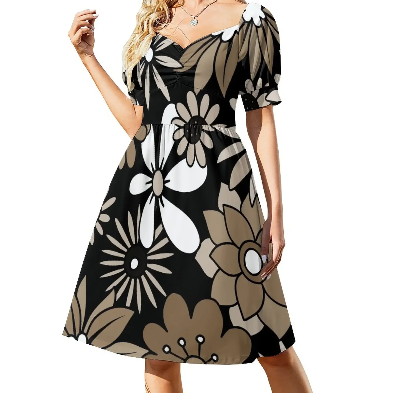 

Retro 1960's Floral Pattern In Sepia, Black And White Short-Sleeved Dress Women's summer long dress evening dresses luxury 2025