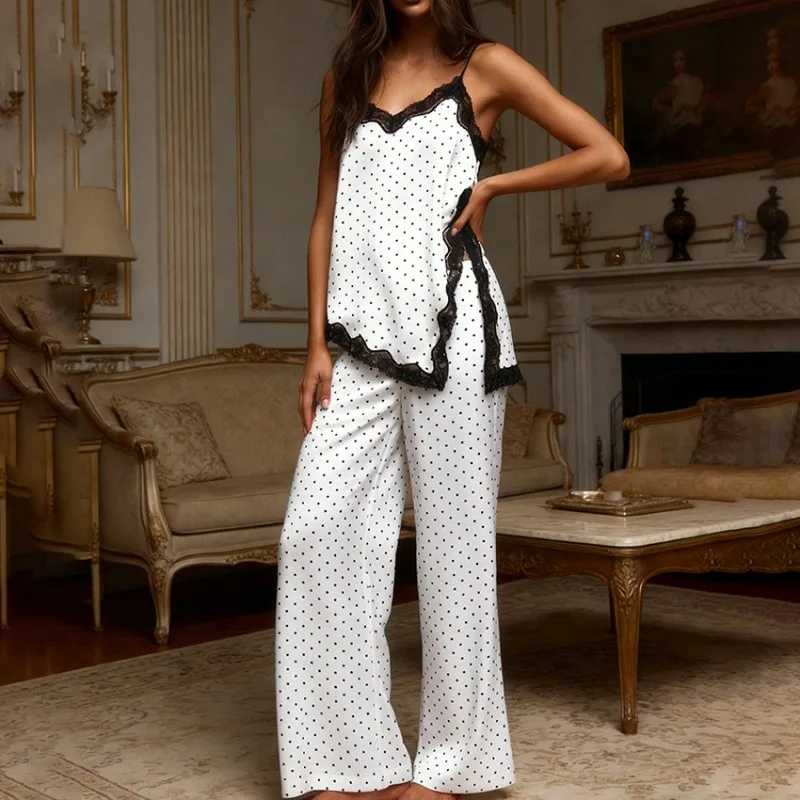 Summer 2026 Women's Two Piece Set Polka Dot Lace Vest and Imitation Silk Trousers for Comfortable Loungewear Europe The USA