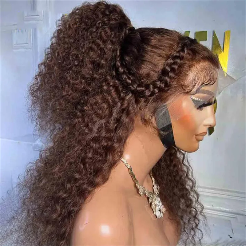 Natural Brown Glueless 26Inch Long 180%Density Kinky Curly Lace Front Wig For Women With Baby Hair Heat Resistant Daily Wig