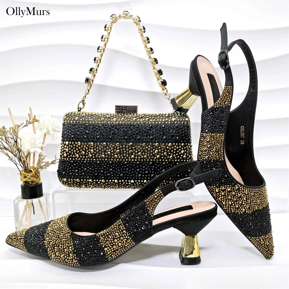 

Newest Italian Summer Black Color Shoes And Bag Set Nigerian Decorated With Rhinestone Women Shoes And Bag Set For Pretty