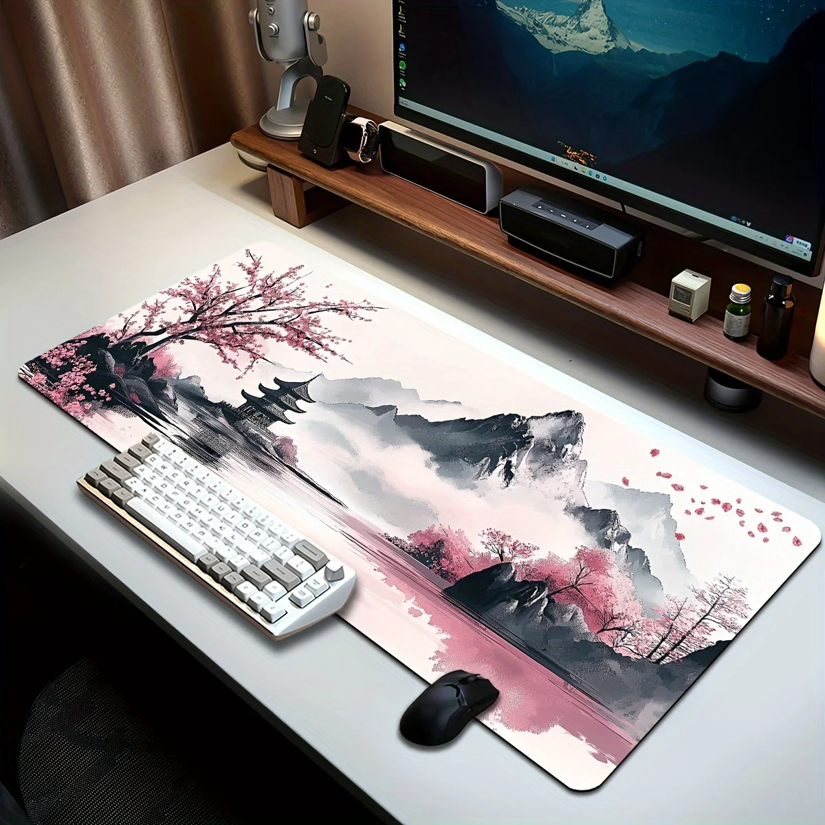 일본 잉크 아트 풍경 마우스 패드 미끄럼 방지 고무 베이스 및 게임용 정밀 가장자리 처리 세척 가능한 폴리에스테르 다양한 크기