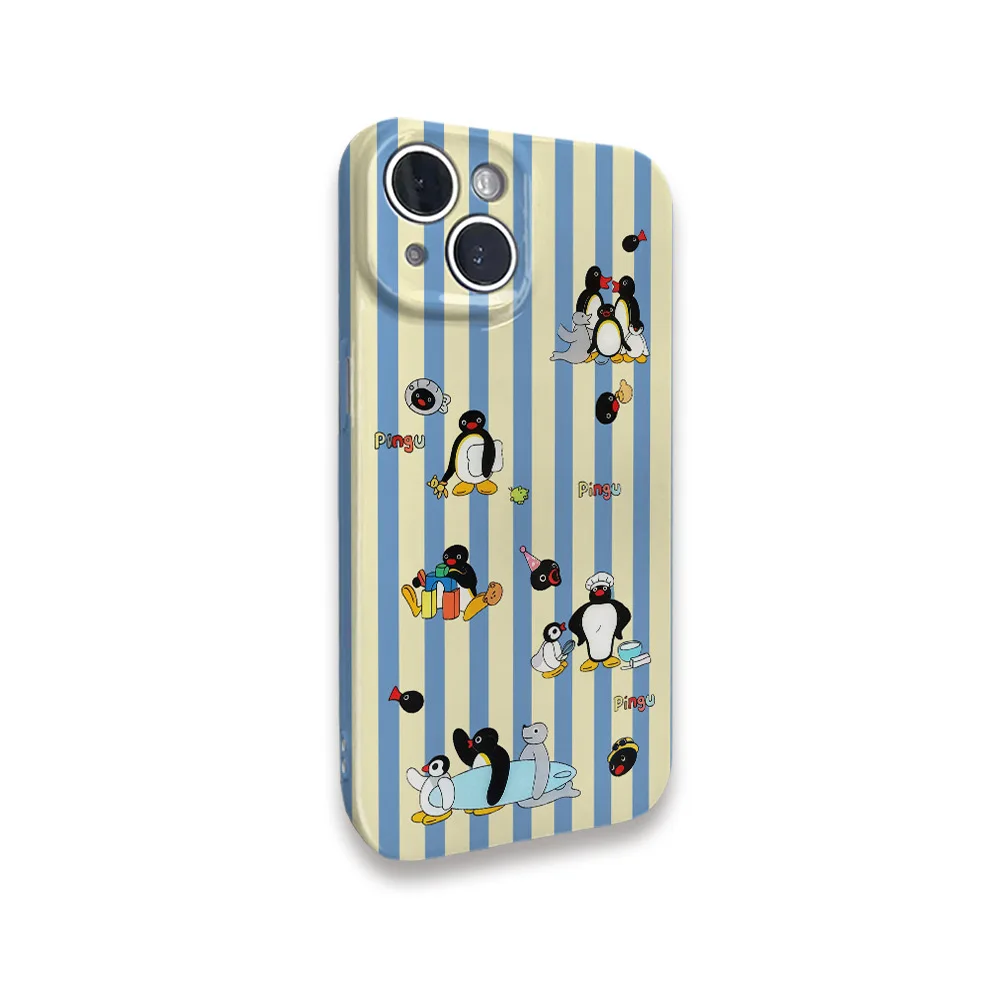 Blue and Yellow Striped Penguin Art Phone Case for IPHONE 16 15PRO MAX 14 13 12 11 Acrylic TPU Two in One Magnetic Phone Cases