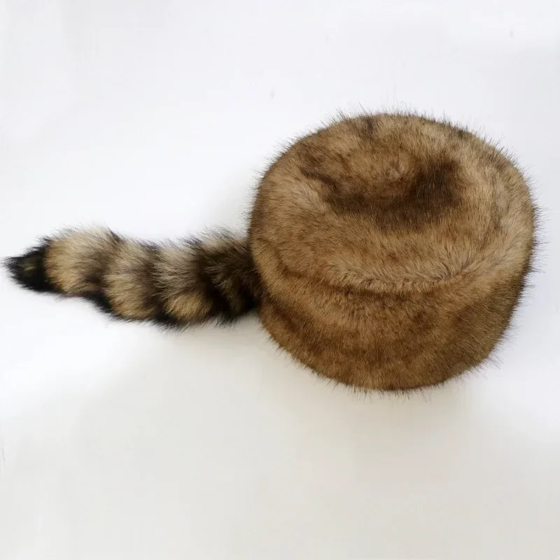 Russian Style Autumn and Winter New Fashion Flat Top Hat Warm Thicken Plush Raccoon Hat for Adult Kids Unisex Fur Hat Winter