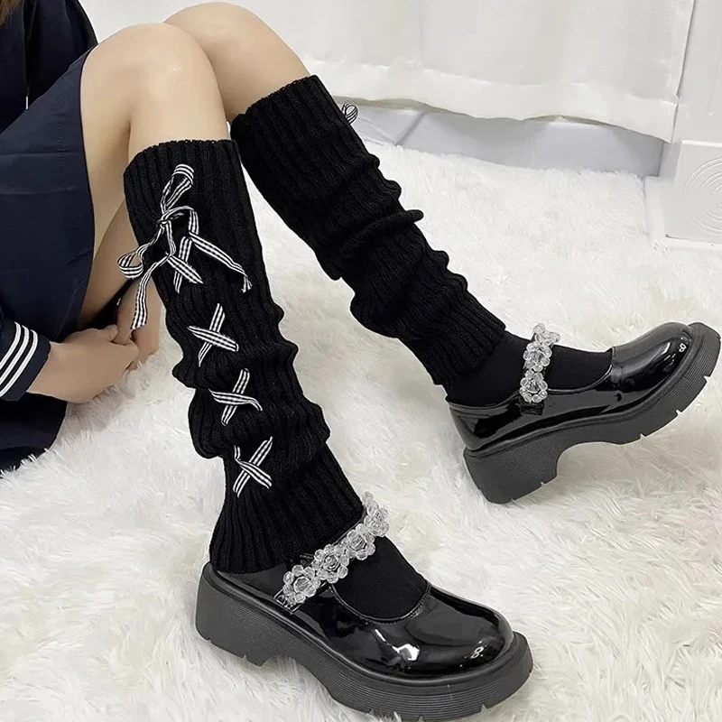 

Winter Girls Costume Accessories Knee Protection Bow Bandage Lolita Women Jk Hosiery Knitted Socks Wool Leg Warmers Stocking