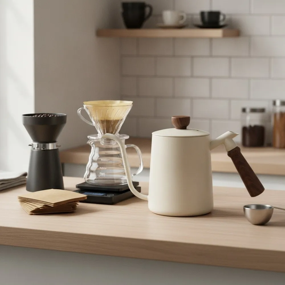 Wooden Handle Goose Neck Coffee Kettle Drip Port 600 ML Pour-over Coffee Pot Anti-scald Comfortable Grip
