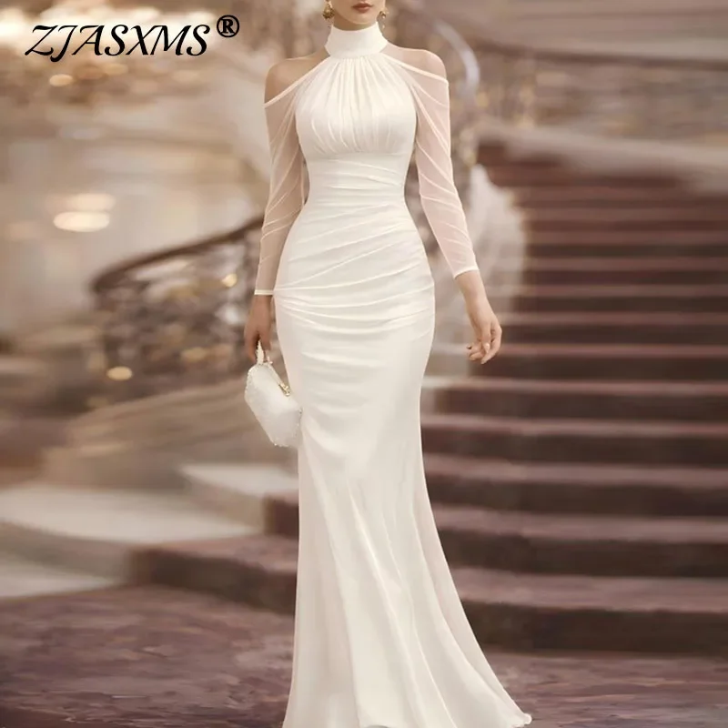 Spring High Neck Off Shoulder Long Dresses Woman Sexy Mesh Sheer Long Sleeve Slim Evening Dress Summer Bohemian Maxi Dress Mujer
