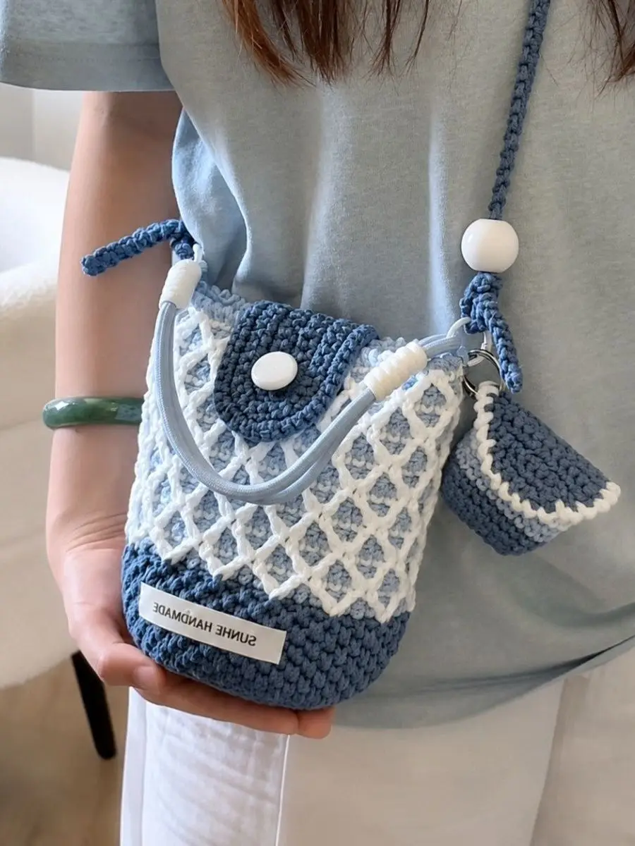 Hand Knitted Hollow Cotton Diy Bucket Bag Material Kit 2mm Crochet Needle Beads Slant Crossbody Handbag Finished Product Make...