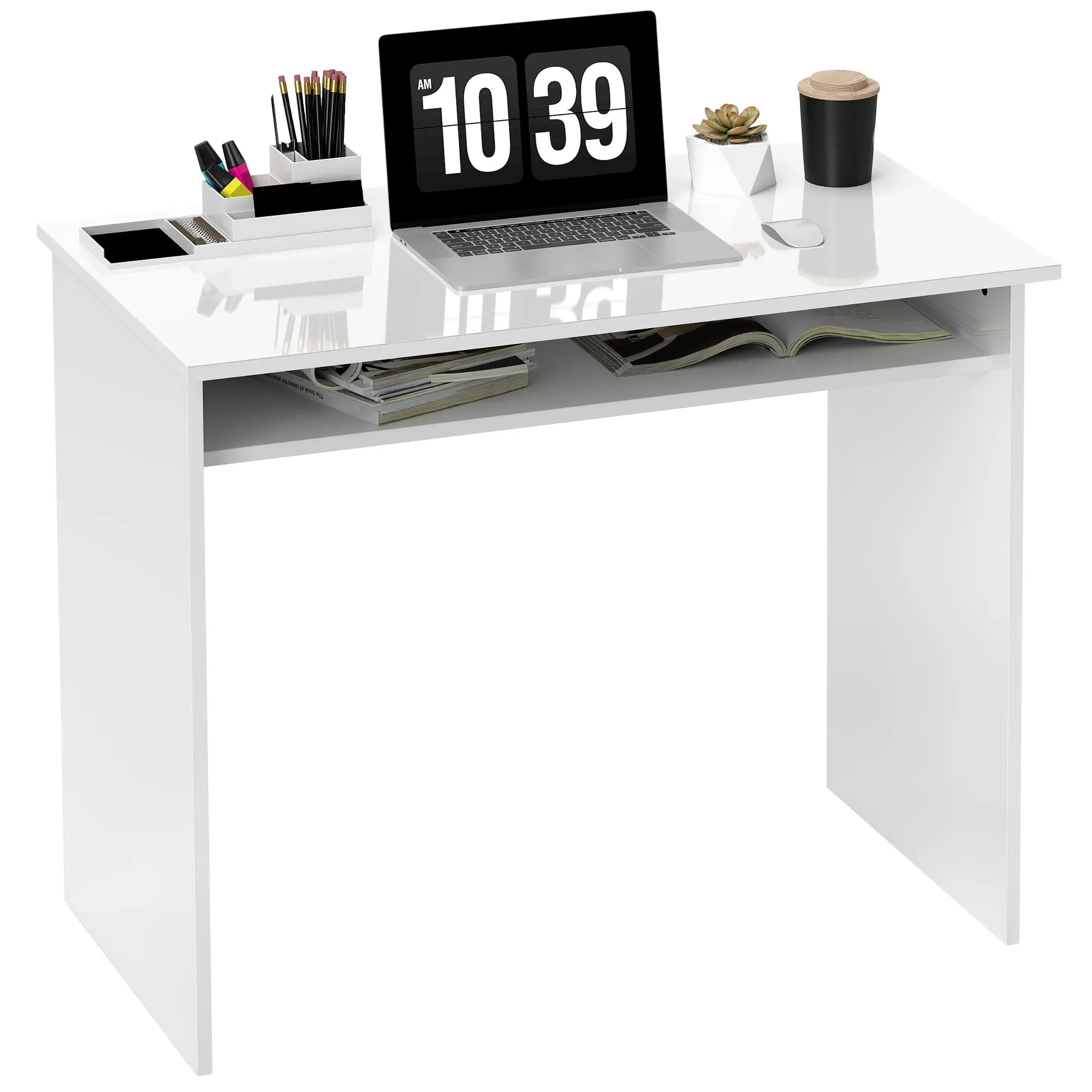 HOMCOM Escritorio para ordenador compacto, mesa de ordenador elegante y sencilla con estante 1, aglomerado, dim. 90l x 50P x 74H cm, lacado en blanco