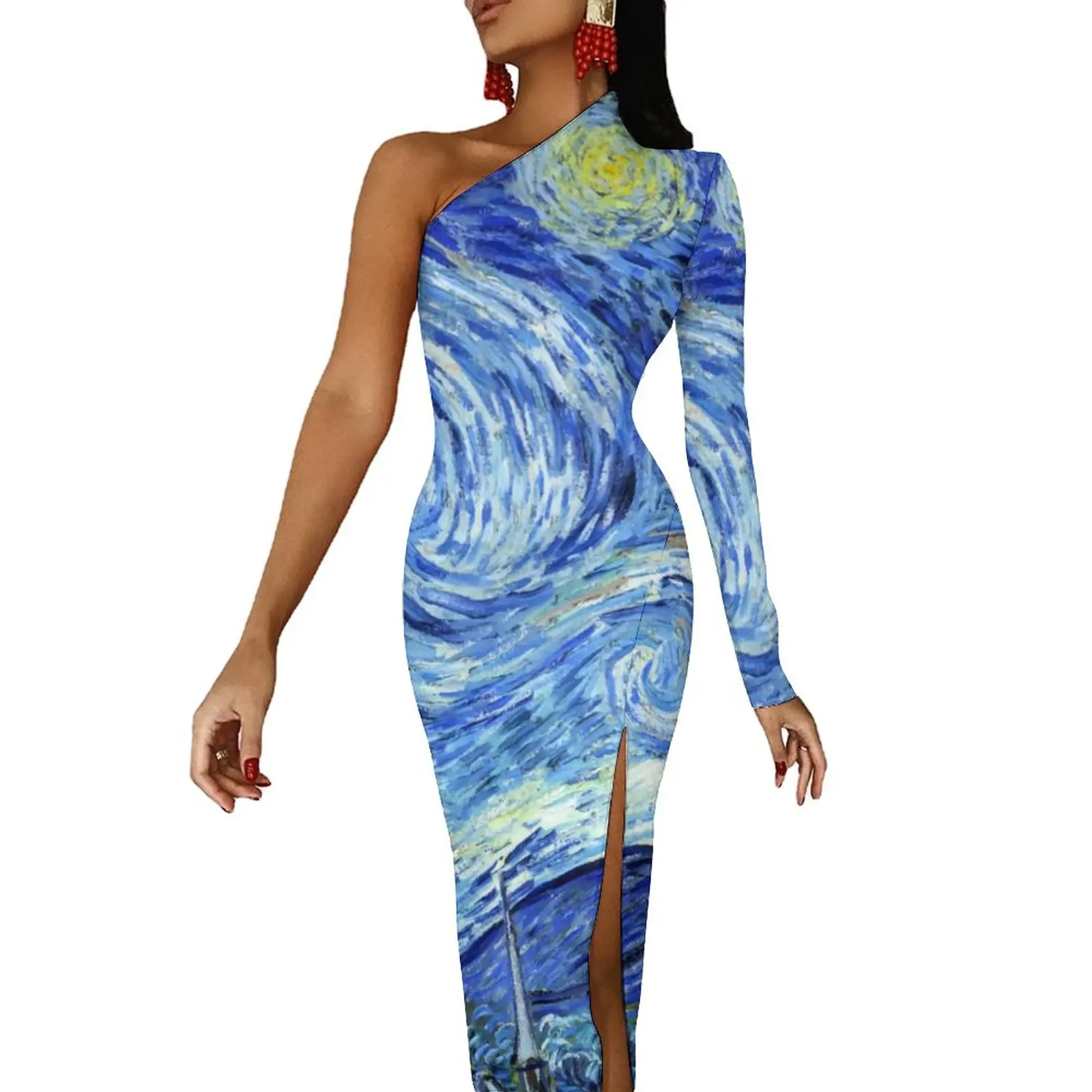 Abstract Star Maxi Dress One Shoulder Van Gogh Starry Night Retro Bodycon Dress Autumn Street Wear Long Dresses Female Vestidos