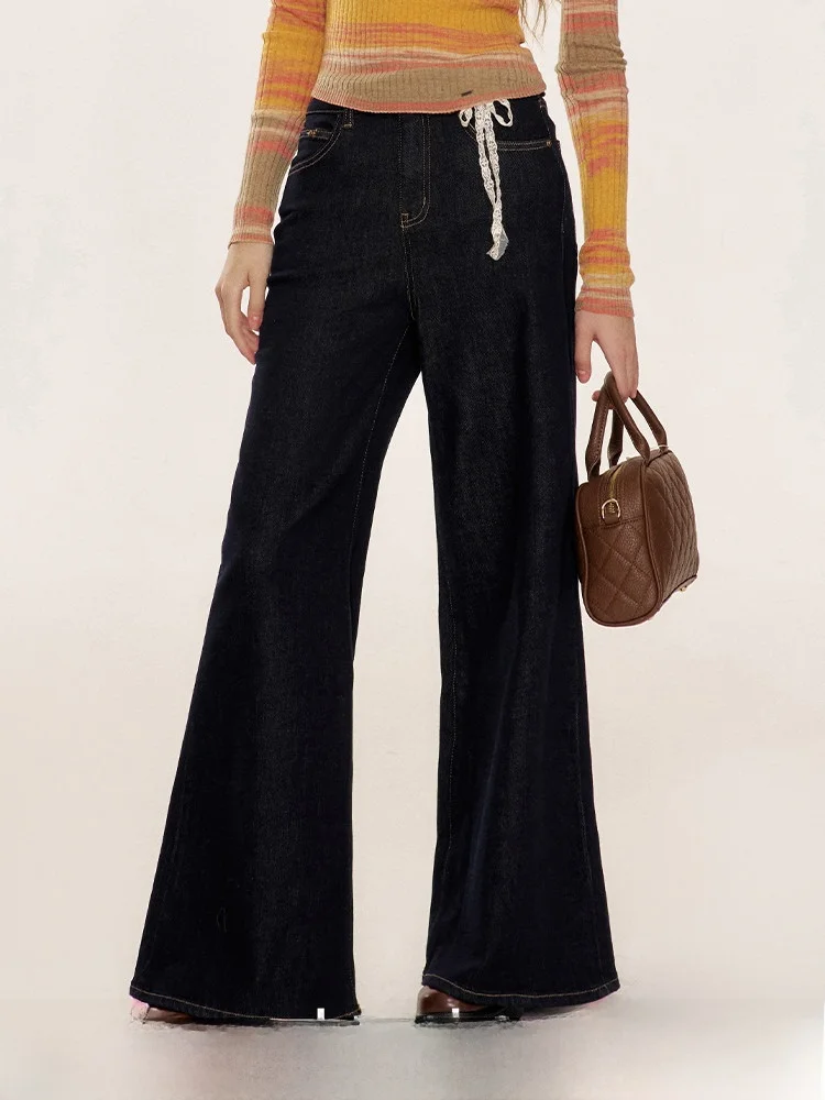 

Kroche Ленивые кружевные джинсы с поясом и высокой талией, прямые широкие джинсы, свободный крой, джинсовые брюки с высокой талией для взрослых, осенняя мода