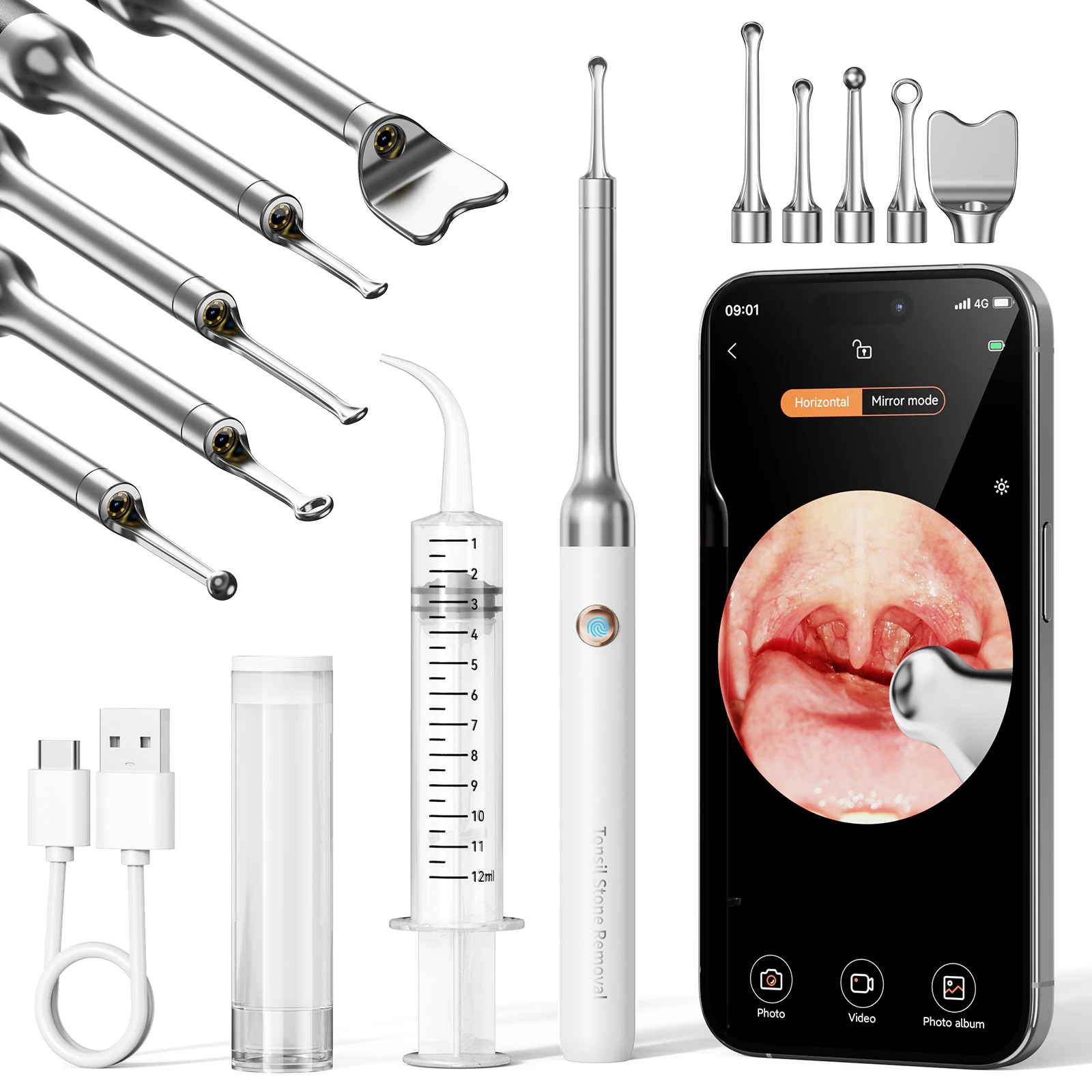 Upgraded Tonsil Stone Remover with Camera, 1080P HD Visual Removal Kit with 6 LED Lights And 5 Stainless Heads, for At-Home Prevention And Oral Care, USB Rechargeable Ios Android Compatible Safe Cleaning Tool Kit