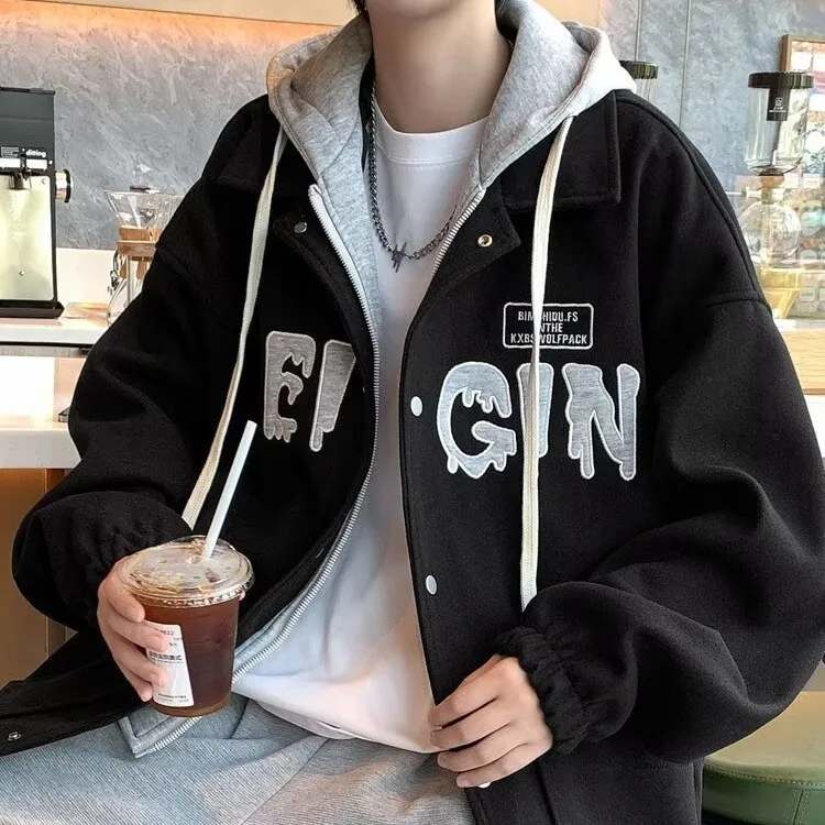 남성 캐주얼 후드 재킷 페이크 투피스 봄 가을 신상 트렌디 브랜드 루즈 하이엔드 아메리칸 스타일 탑웨어