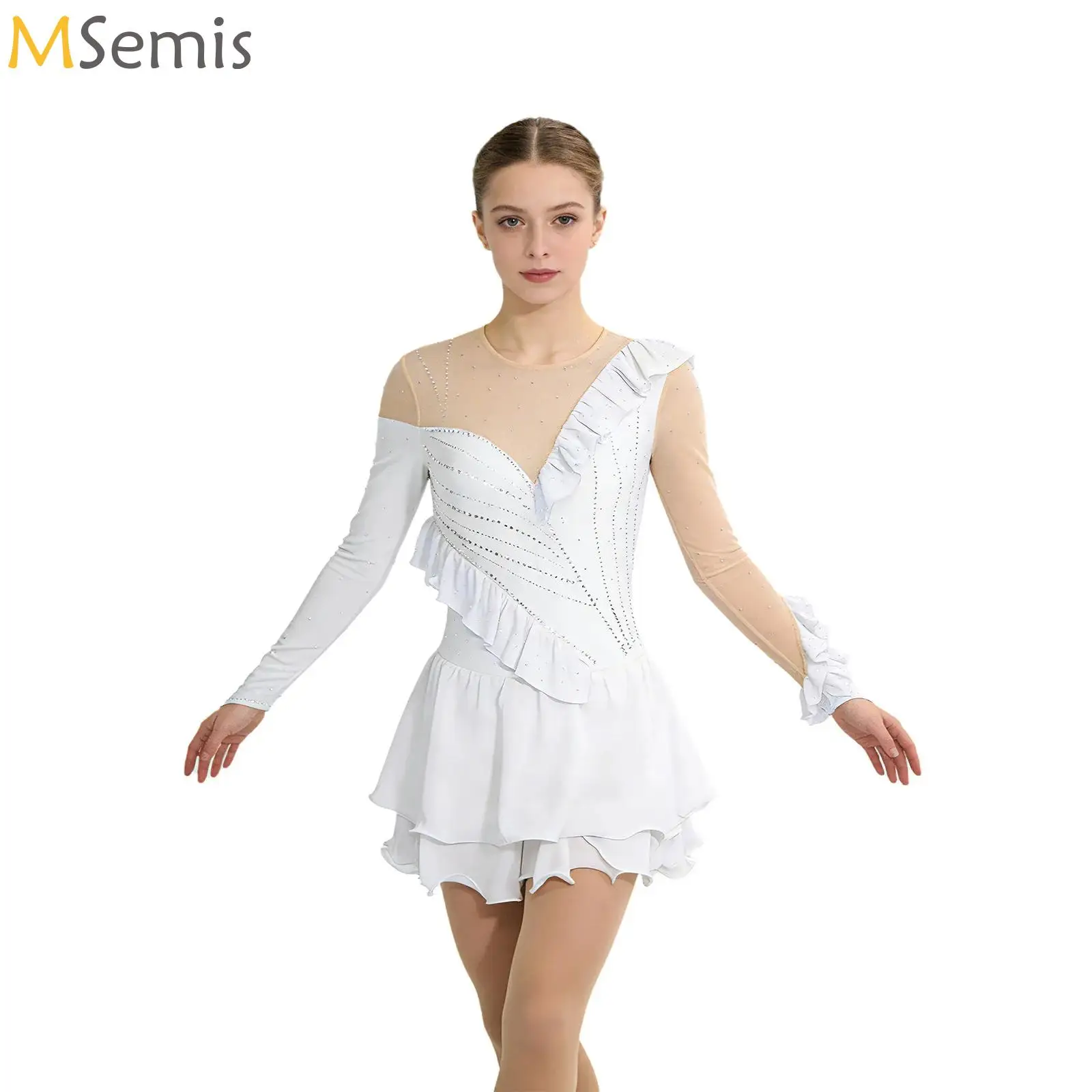 

Womens Figure Skating Leotard Dress Ruffled Trim Rhinestones Tiered Chiffon Hem Bodysuit Dress for Gymnastics Ballet Latin Dance