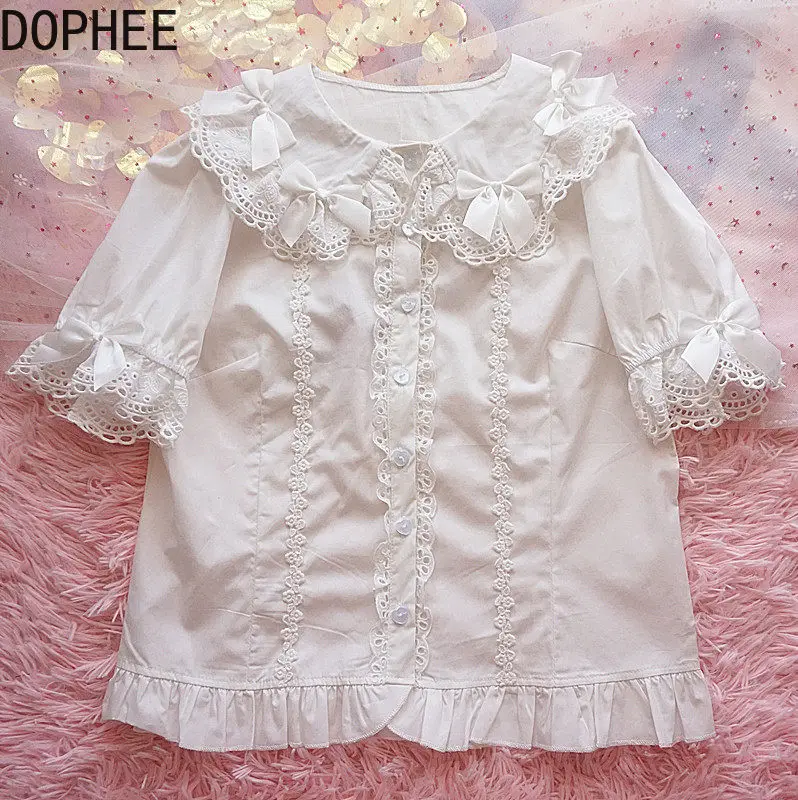 Original All-match Spring Summer Cute Lolita Cardigans Top Students Blouses Elegant Lace Short Sleeve Peter Pan Collar Shirts