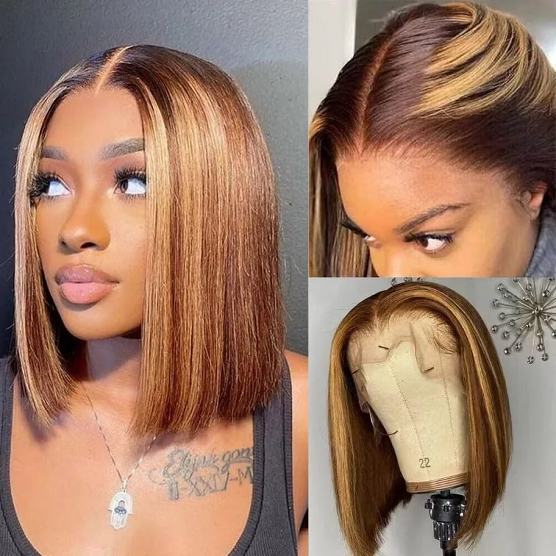 

4/27 Highlight Bob Lace Front Wig Human Hair Pre Plucked Bob 6X4 HD Lace Frontal Wig With Baby Hair Highlight Bob Wig Human Hair