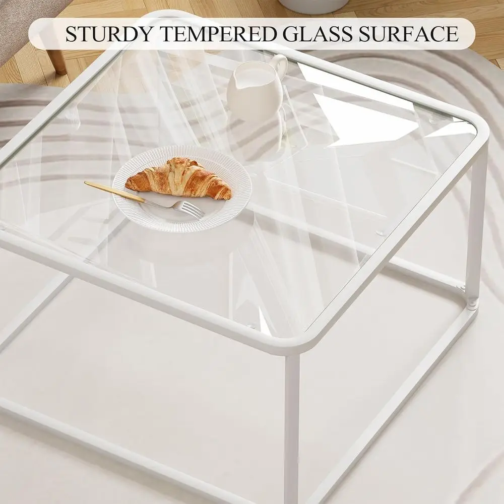 โต๊ะกาแฟกระจกสีขาวทันสมัย ดีไซน์สี่เหลี่ยมเรียบง่ายสำหรับห้องนั่งเล่นและสำนักงาน ขนาดกะทัดรัดพร้อมโครงโลหะ ใช้งานง่าย