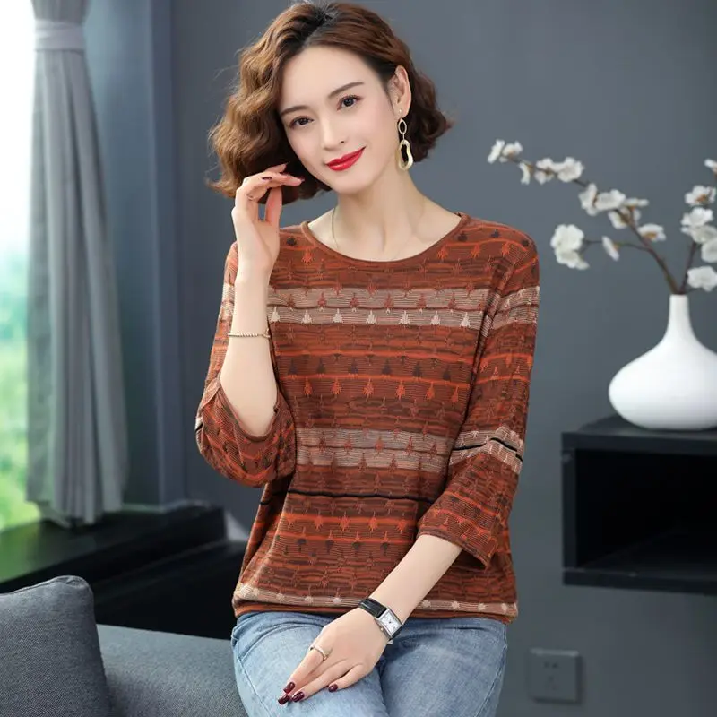 Women Clothing Fashion Patchwork Thin Knit T-shirt Spring Summer Casual Loose O-neck Short Sleeve Pullovers Office Lady Chic Top