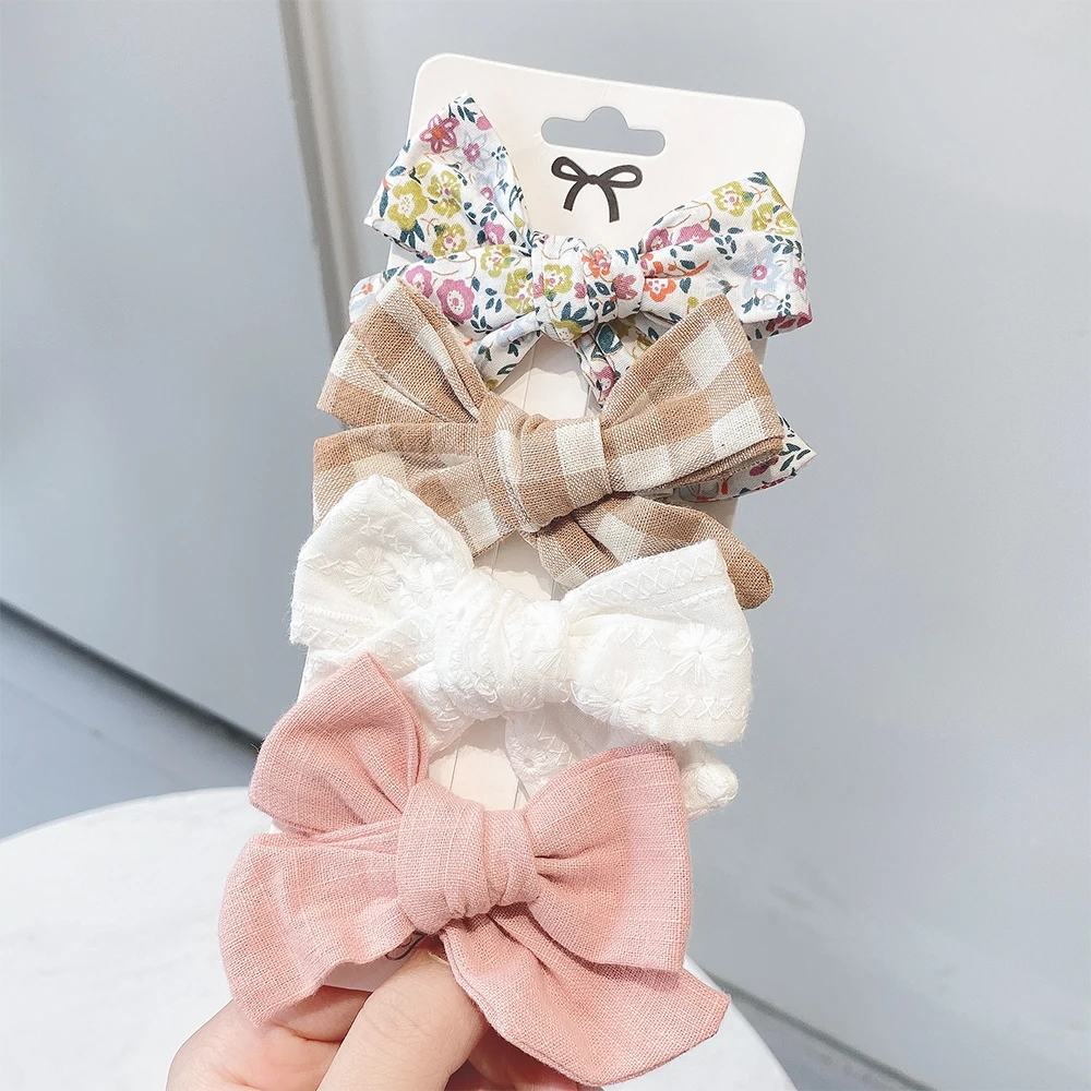 4Pcs/set 2022 New Cotton Linen Print Hairpins for Cute Girls BB Boutique Hair Bows Clips Barrette Headwear Kids Hair Acesssories