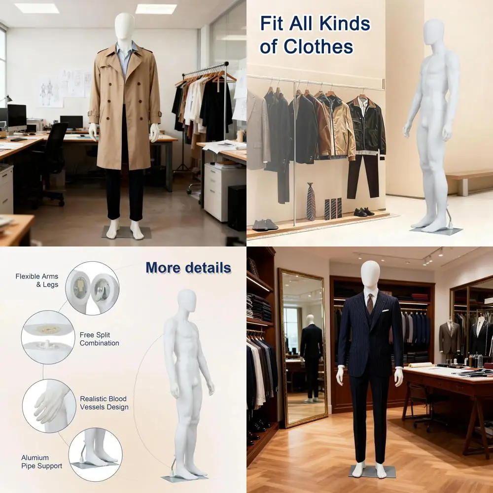 

6ft Adjustable Male Mannequin with Metal Base, White, Posable for Display