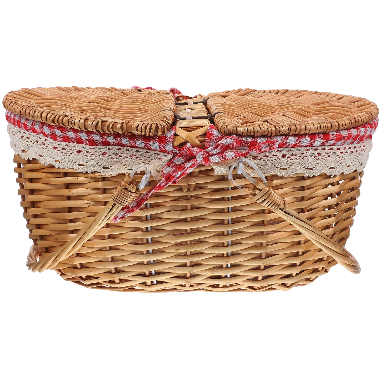 Woven Picnic Basket with Lid Double Handles Rustic Portable Storage Basket for Outdoor Picnic Camping Fruit Vegetable