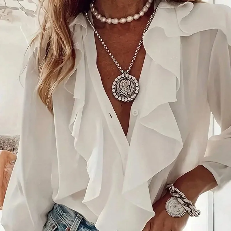 

Новинка 2023 года, осенний стиль, темперамент, воротник с рюшами и пуговицами, модная однотонная универсальная повседневная рубашка с длинными рукавами