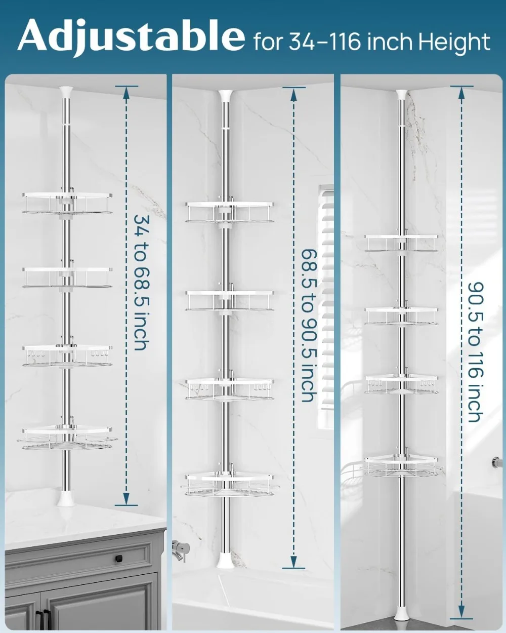 

Adjustable Shower Corner Caddy Organizer, 4-Shelf Tension Pole Storage for Bathroom Essentials, Rustproof Design