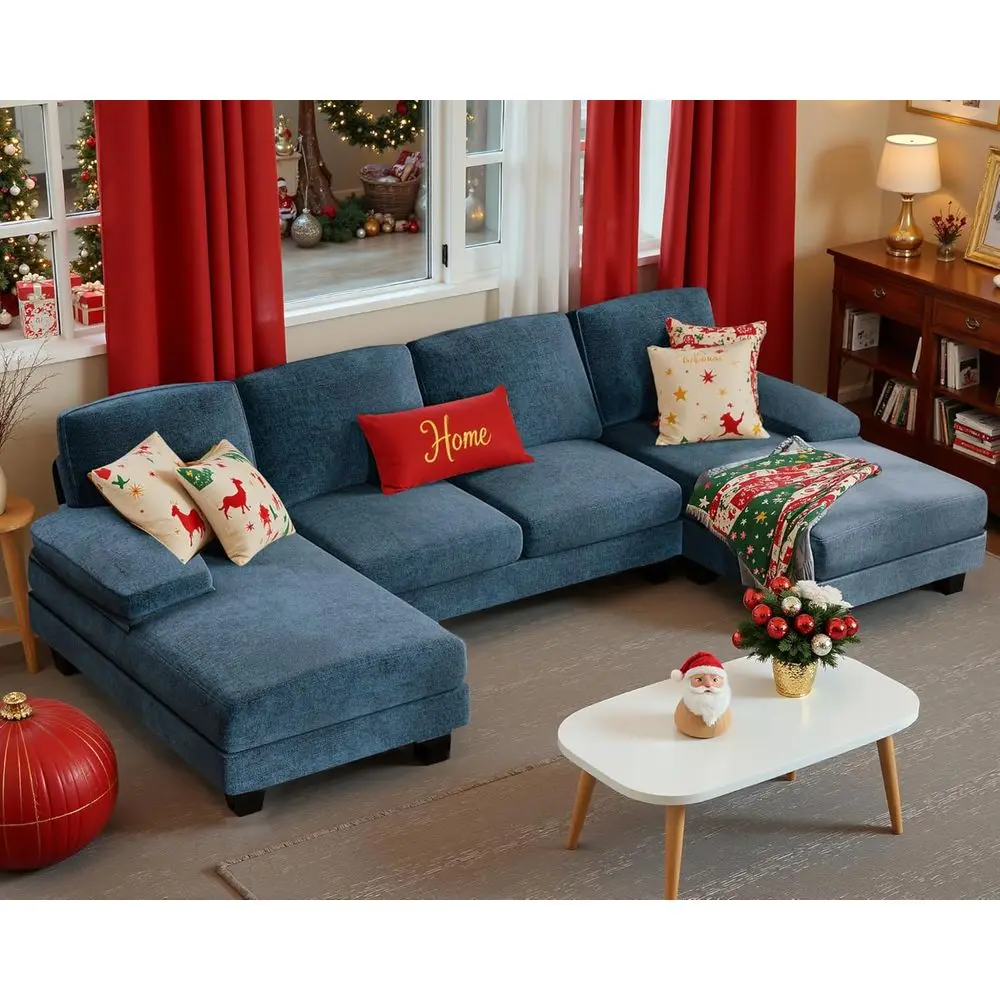 

U-Shaped Linen Fabric 4-Seat Sofa Set with Double Chaise Lounge in Blue