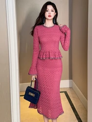 Celebrity Fake 2 Piece Dress Women Elegant Rose Pink Lace Ruffles Fishtail Robe Femme Korean Party Office Lady Vestidos Spring