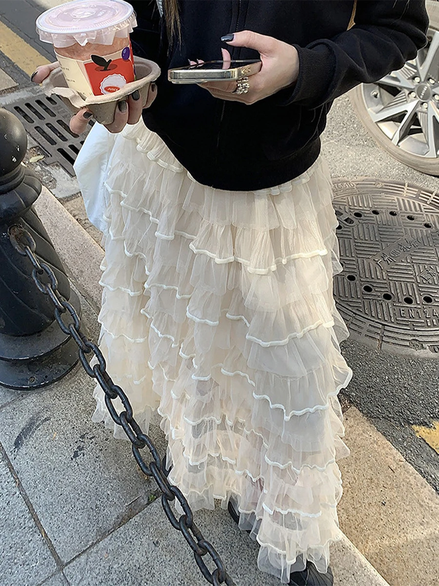 

Y2k Fairycore Cute Long Cake Skirt Women Girls High Rise Layered Ruffled A-line Tulle Tutu Skirt 2000s Aesthetic Clothes