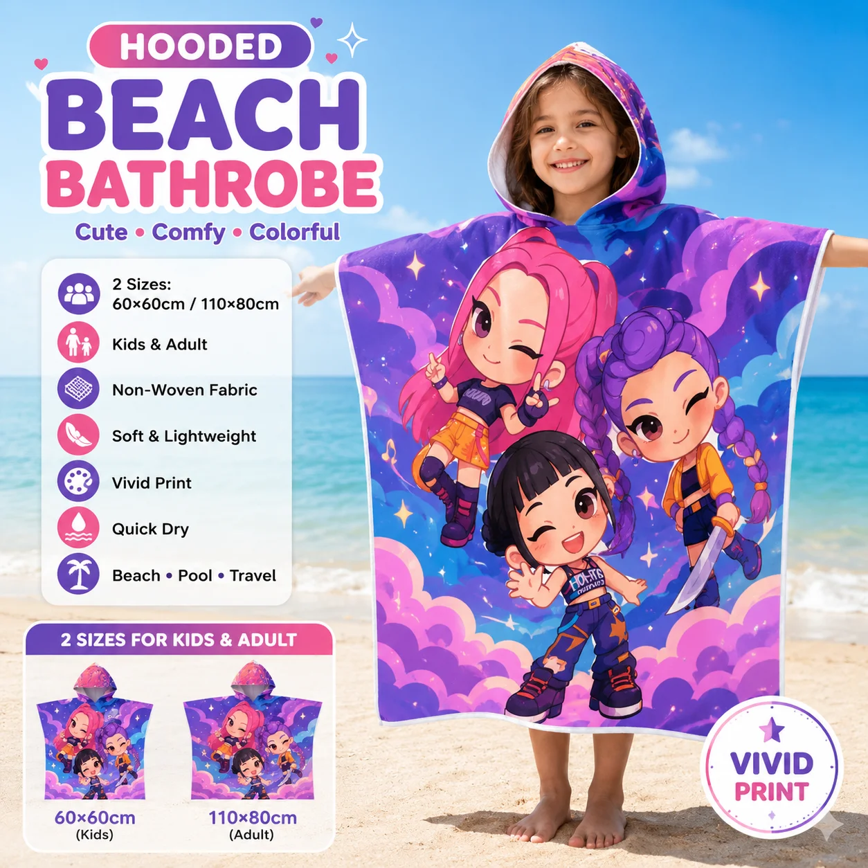 Toalla de Playa con Capucha Kawaii Chibi Anime K-POPGirl, Diseño Plano de Galaxia Púrpura, Poncho de Microfibra para Niños y Adultos, para Piscina, Playa y Viajes