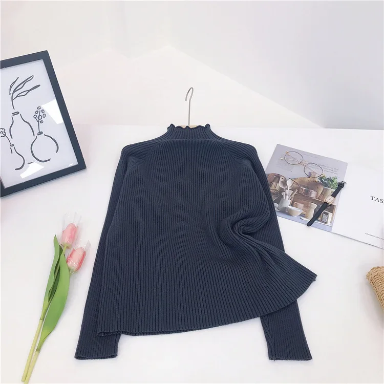 

3900, осенний новый элегантный однотонный пуловер с полуводолазкой в зрелом стиле, трикотажная базовая рубашка с длинными рукавами