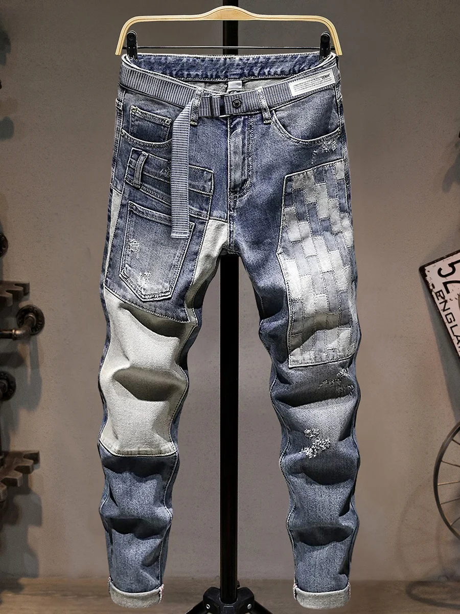 

High Street Fashion Patchwork Men's Jeans American Trendy Workwear Motorcycle Pants Elastic Slim Multi-Pocket Ankle-Le...