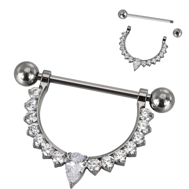 ASTM F136 Titanium PIERC CZ Paved Hanging type Nipple Ring Barbell Nipple Hoop Piercing Bar Barbells Nipple 14G Piercing Jewelry
